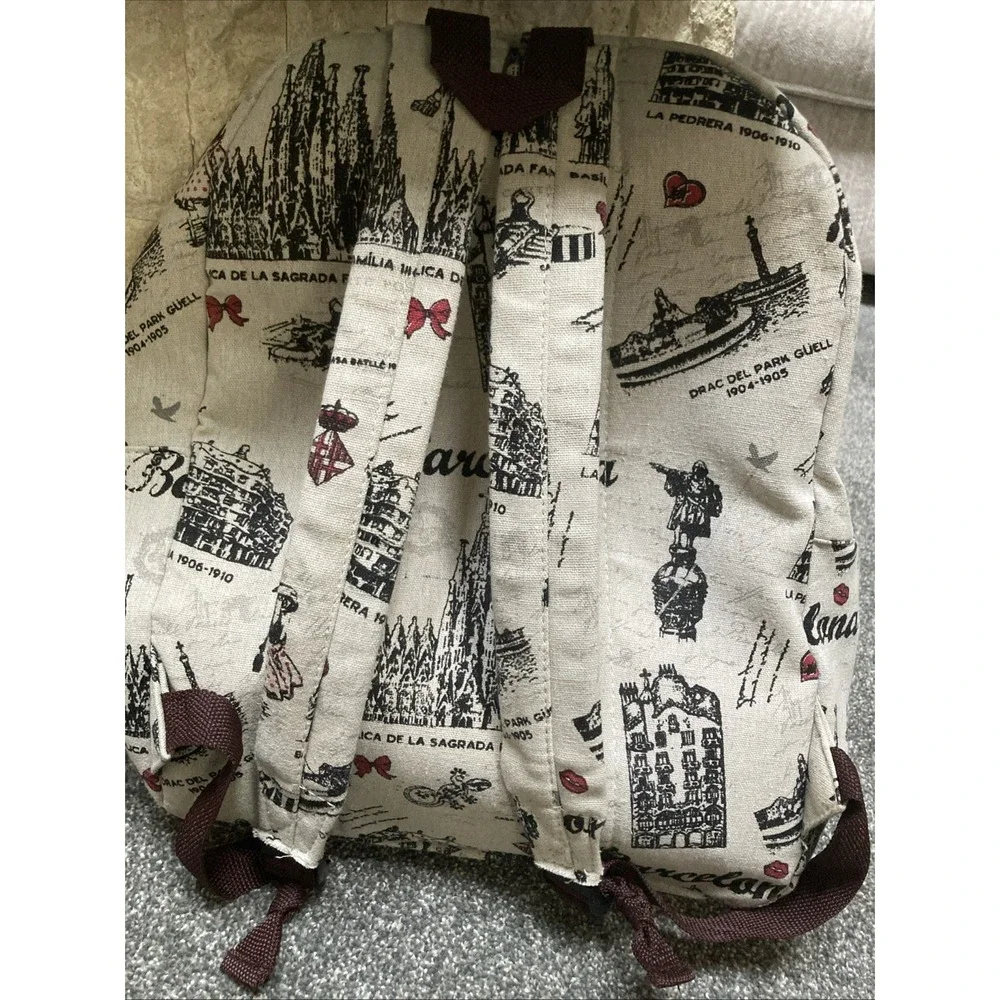 Barcelona Spain Backpack Beige Black Fashion Woman Handbag Tote Book Bag Women’s